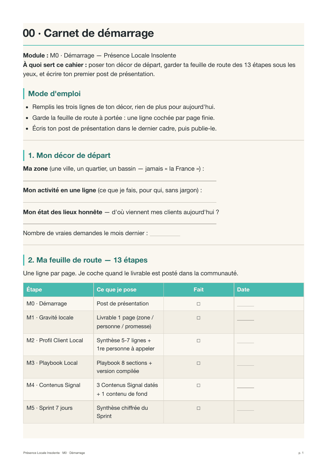 Première page du carnet de démarrage M0