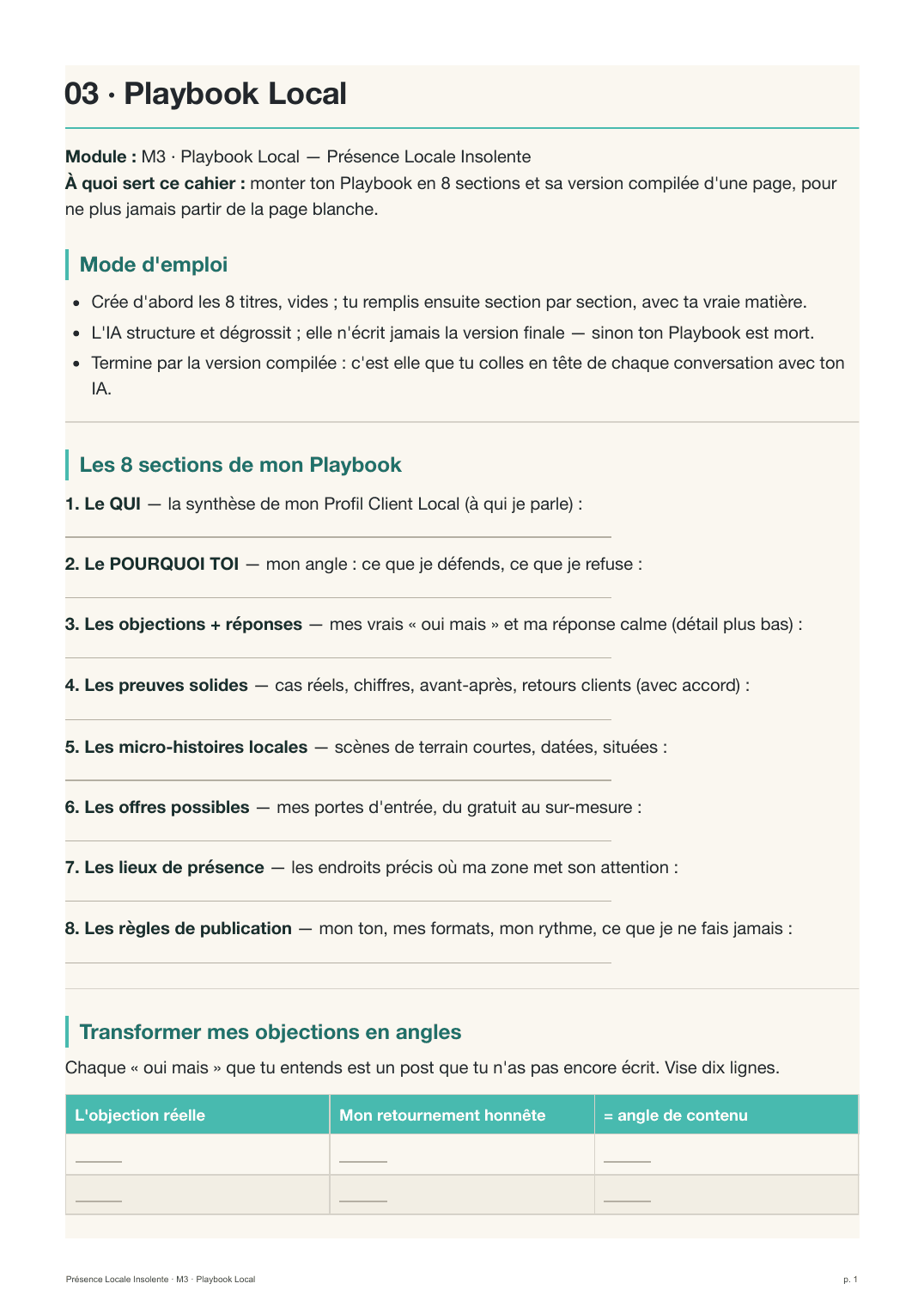Première page réelle du cahier Playbook Local