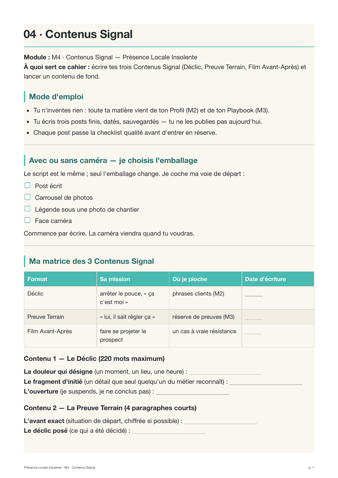 Première page du cahier Contenus Signal M4